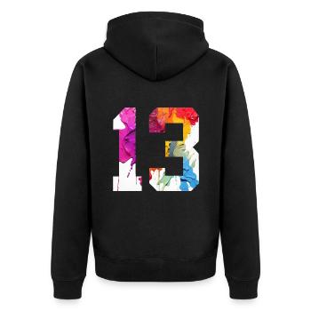 FARBIG NUMMER 13 BUNT 13. GEBURTSTAG - Unisex Premium Bio Zip Hoodie - Schwarz - Hinten - Nico (187cm)