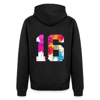 FARBIG NUMMER 16 BUNT 16. GEBURTSTAG - Unisex Premium Bio Zip Hoodie - Schwarz - Hinten - Nico (187cm)