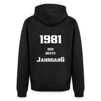 1981 Jahrgang - Unisex Premium Bio Zip Hoodie - Schwarz - Hinten - Nico (187cm)