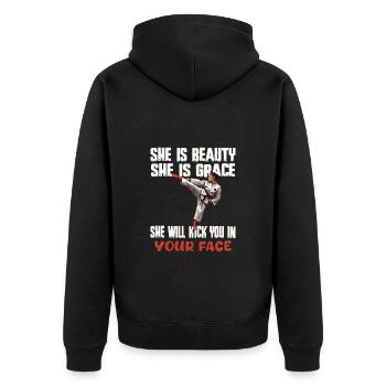 Kampfkunst: Taekwondo Kämpferin - Unisex Premium Bio Zip Hoodie - Schwarz - Hinten - Nico (187cm)