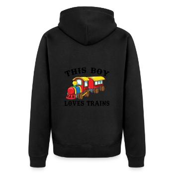 Dieser Junge liebt Züge - Unisex Premium Bio Zip Hoodie - Schwarz - Hinten - Nico (187cm)