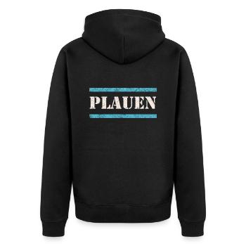 Plauen Vintage - Unisex Premium Bio Zip Hoodie - Schwarz - Hinten - Nico (187cm)
