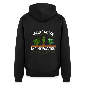 Gärtner Spruch Mein Garten meine passion - Unisex Premium Bio Zip Hoodie - Schwarz - Hinten - Nico (187cm)