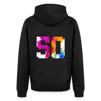NUMMER 50 JAHRE ALT 50. GEBURTSTAG - Unisex Premium Bio Zip Hoodie - Schwarz - Hinten - Nico (187cm)