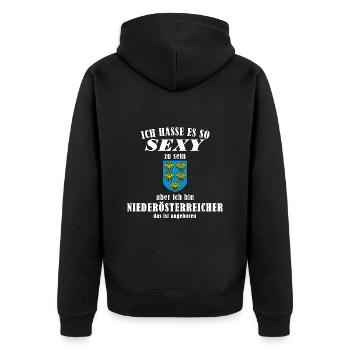 Stolzer Niederösterreicher – Angeboren Sexy - Unisex Premium Bio Zip Hoodie - Schwarz - Hinten - Nico (187cm)