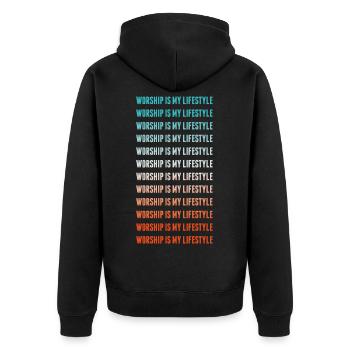 WORSHIP IS MY LIFESTYLE - Unisex Premium Bio Zip Hoodie - Schwarz - Hinten - Nico (187cm)