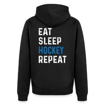 Eat Sleep Hockey Repeat Shirt Teamsport - Unisex Premium Bio Zip Hoodie - Schwarz - Hinten - Nico (187cm)