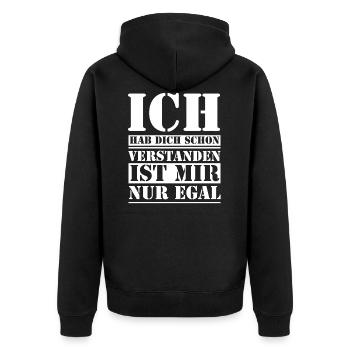 Egal ist mir Egal - Unisex Premium Bio Zip Hoodie - Schwarz - Hinten - Nico (187cm)