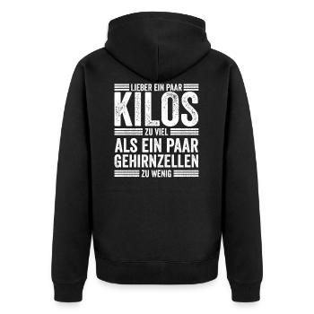 Mollig Übergewichtig Statement Lustig - Unisex Premium Bio Zip Hoodie - Schwarz - Hinten - Nico (187cm)