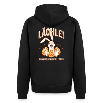 Lächle! du kannst sie nicht alle töten - Unisex Premium Bio Zip Hoodie - Schwarz - Hinten - Nico (187cm)
