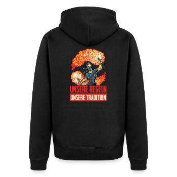 Feuerwerk ist kein Verbrechen Pyro Ultras - Unisex Premium Bio Zip Hoodie - Schwarz - Hinten - Nico (187cm)