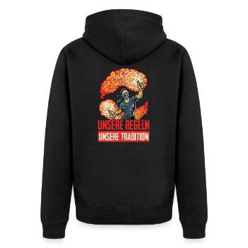 Feuerwerk ist kein Verbrechen Pyro Ultras - Unisex Premium Bio Zip Hoodie - Schwarz - Hinten - Nico (187cm)