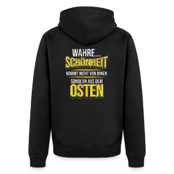 Osten Spruch Lustig DDR Mauerfall Berlin Geschenk - Unisex Premium Bio Zip Hoodie - Schwarz - Hinten - Nico (187cm)