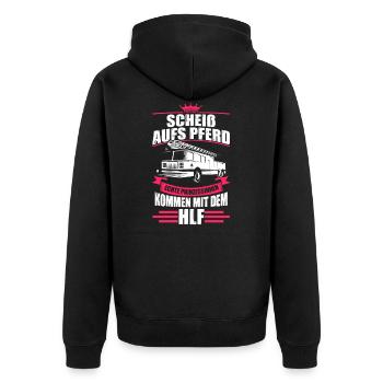 Feuerwehrfrau Prinzessin Feuerwehrauto HLF Geschen - Unisex Premium Bio Zip Hoodie - Schwarz - Hinten - Nico (187cm)