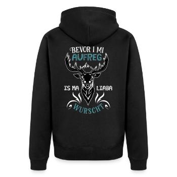 Bevor I mi aufreg is mi liaba wurscht - Unisex Premium Bio Zip Hoodie - Schwarz - Hinten - Nico (187cm)