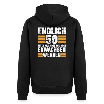 Endlich 50 Jahre Spruch 50 Geburtstag lustig - Unisex Premium Bio Zip Hoodie - Schwarz - Hinten - Nico (187cm)
