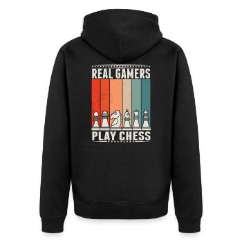 Retro Schach Gamer Brettspiel Schachfiguren - Unisex Premium Bio Zip Hoodie - Schwarz - Hinten - Nico (187cm)