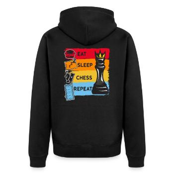 Witziger Schachkönig Eat Sleep Schach Repeat - Unisex Premium Bio Zip Hoodie - Schwarz - Hinten - Nico (187cm)