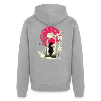 Toter japanischer Samurai Japan Schwertkämpfer - Unisex Premium Bio Zip Hoodie - Grau meliert - Hinten - Nico (187cm)