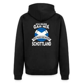 Ich muss gar nix ich muss nur nach Schottland - Unisex Premium Bio Zip Hoodie - Schwarz - Hinten - Nico (187cm)