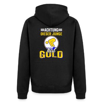 Dieser Junge darf Schwimmen Gold Bestanden - Unisex Premium Bio Zip Hoodie - Schwarz - Hinten - Nico (187cm)