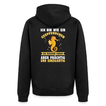 Ich bin ein Seepferdchen - Unisex Premium Bio Zip Hoodie - Schwarz - Hinten - Nico (187cm)