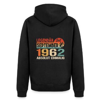 1962 September Vintage Geburtstagsgeschenk 1962 - Unisex Premium Bio Zip Hoodie - Schwarz - Hinten - Nico (187cm)