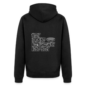 Essen Schlaf Roundnet Wiederholen - Unisex Premium Bio Zip Hoodie - Schwarz - Hinten - Nico (187cm)