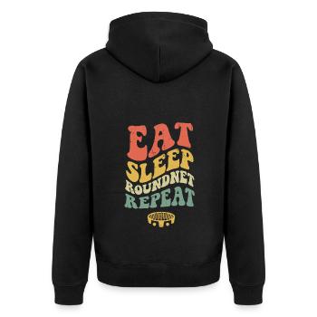 Essen Schlaf Roundnet Wiederholen - Unisex Premium Bio Zip Hoodie - Schwarz - Hinten - Nico (187cm)