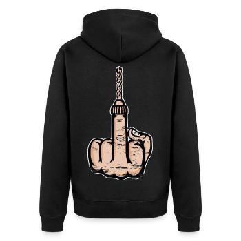 Mittelfinger Stinkefinger Bohrmaschine Design - Unisex Premium Bio Zip Hoodie - Schwarz - Hinten - Nico (187cm)