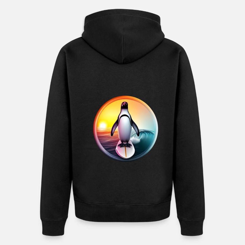 Penguin Surfer Coucher de soleil - Veste à capuche bio Premium Unisexe - noir