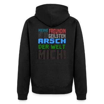 Meine Freundin hat den geilsten Arsch der Welt - Unisex Premium Bio Zip Hoodie - Schwarz - Hinten - Nico (187cm)