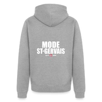 Mode ST Gervais Mont Blanc haute savoie alpes - Veste à capuche bio Premium Unisexe - gris chiné - Dos - Nico (187cm)