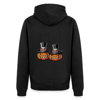 Zwei grinsende Halloweenkürbisse mit Zylinder - Unisex Premium Bio Zip Hoodie - Schwarz - Hinten - Nico (187cm)