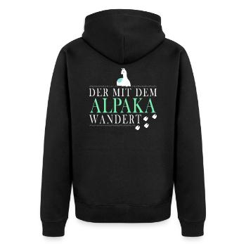 Der mit dem Alpaka wandert - Unisex Premium Bio Zip Hoodie - Schwarz - Hinten - Nico (187cm)