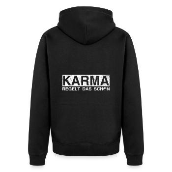 Karma regelt das schon - Unisex Premium Bio Zip Hoodie - Schwarz - Hinten - Nico (187cm)