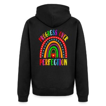 Rainbow Progress Over Perfection Motivational - Unisex Premium Bio Zip Hoodie - Schwarz - Hinten - Nico (187cm)