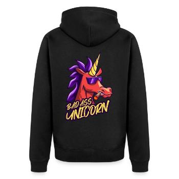 Bad ass unicorn - Unisex Premium Bio Zip Hoodie - Schwarz - Hinten - Nico (187cm)