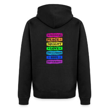 Freundlichkeit Frieden Gleichheit Liebe Inklusion Hoffnung - Unisex Premium Bio Zip Hoodie - Schwarz - Hinten - Nico (187cm)