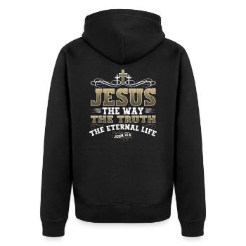 Jesus Christus Bibelvers Weg Wahrheit Leben Christ - Unisex Premium Bio Zip Hoodie - Schwarz - Hinten - Nico (187cm)