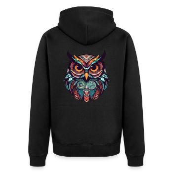 Bunte Boho Eule mit bunten Federn, geometrisch - Unisex Premium Bio Zip Hoodie - Schwarz - Hinten - Nico (187cm)