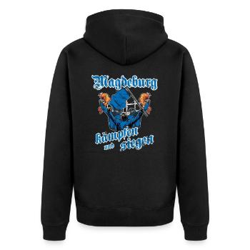 Magdeburg kämpfen und siegen - Unisex Premium Bio Zip Hoodie - Schwarz - Hinten - Nico (187cm)