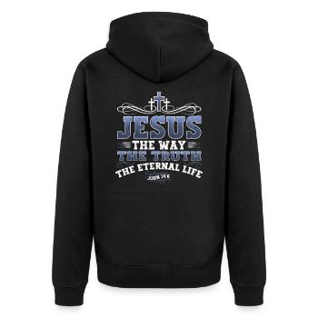 Jesus Christus Bibelvers Weg Wahrheit Leben Christ - Unisex Premium Bio Zip Hoodie - Schwarz - Hinten - Nico (187cm)