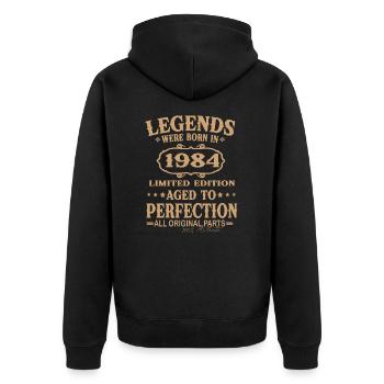 Legenden wurden 1984 geboren - Unisex Premium Bio Zip Hoodie - Schwarz - Hinten - Nico (187cm)