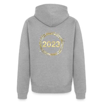 2023 - Unisex Premium Bio Zip Hoodie - Grau meliert - Hinten - Nico (187cm)