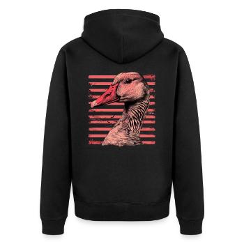 Gans mit vintage pinken Streifen - Unisex Premium Bio Zip Hoodie - Schwarz - Hinten - Nico (187cm)