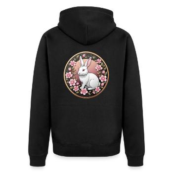 Ausgefallene Münze weißes Kaninchen zwischen rosa Blumen - Unisex Premium Bio Zip Hoodie - Schwarz - Hinten - Nico (187cm)