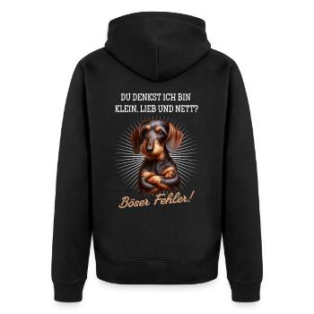 Klein, lieb und nett? Böser Fehler! - Dackel - Unisex Premium Bio Zip Hoodie - Schwarz - Hinten - Nico (187cm)