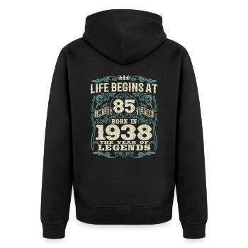 85 years - born the year of legends 1938 - Unisex Premium Organic Zip Hoodie - black - Back - Nico (187cm)