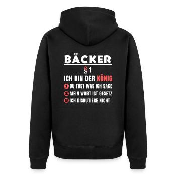 Bäcker Geschenk - Ich bin der König - Unisex Premium Bio Zip Hoodie - Schwarz - Hinten - Nico (187cm)